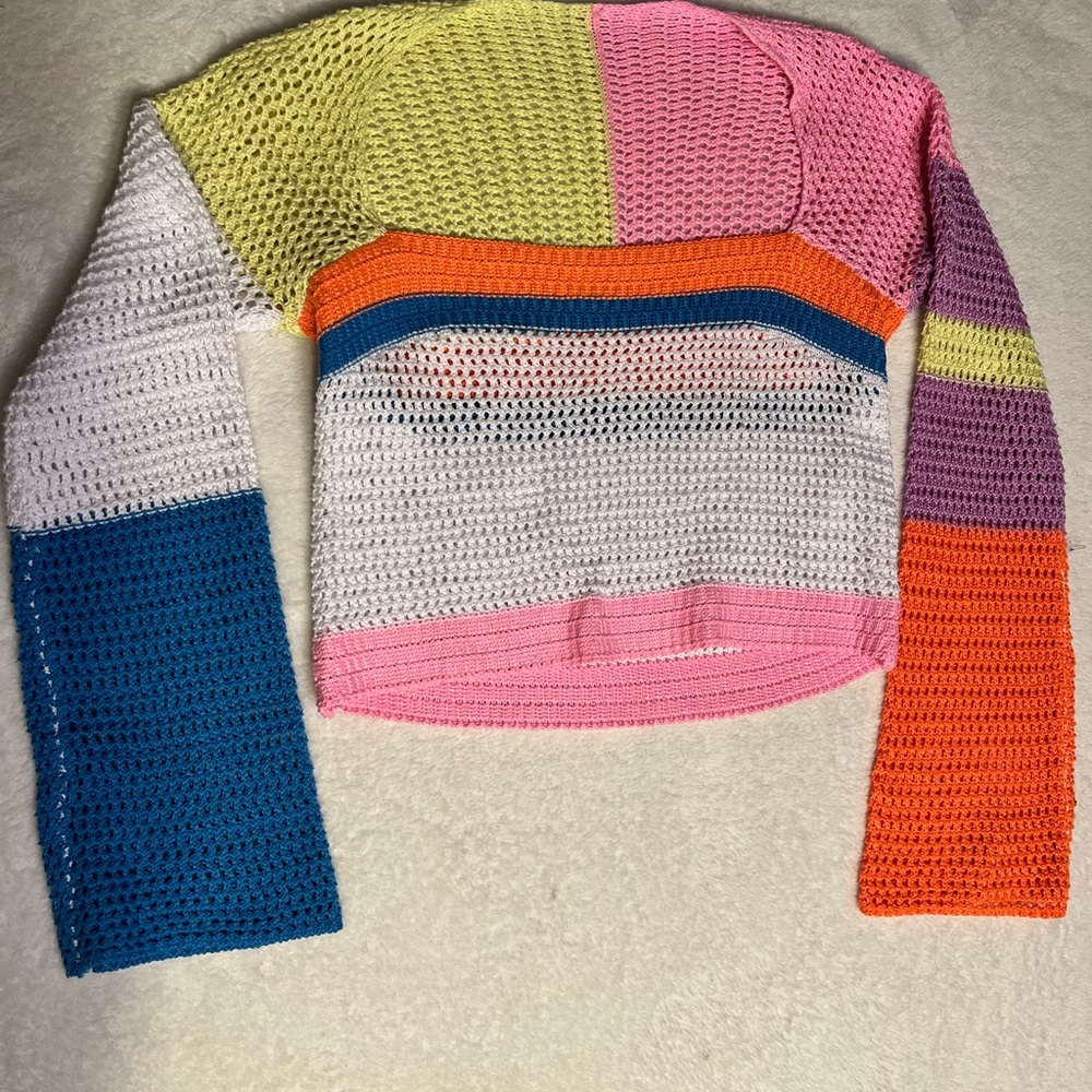 Colorblock Crochet Open-Knit Crewneck Sweater - Multicolor